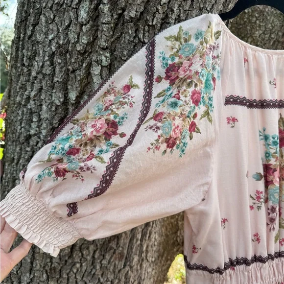 By Anthropologie-Pink Somerset puff sleeve maxi dress with floral print.Large - Picture 6 of 12